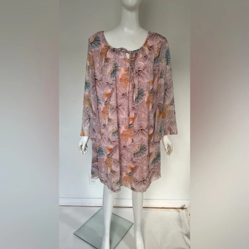 Lady Noiz Women’s  Pink Floral Tunic Dress Size XL NWOT Boho Coastal Peasant